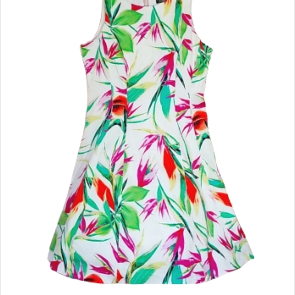 Exotic floral print slvless A line dress